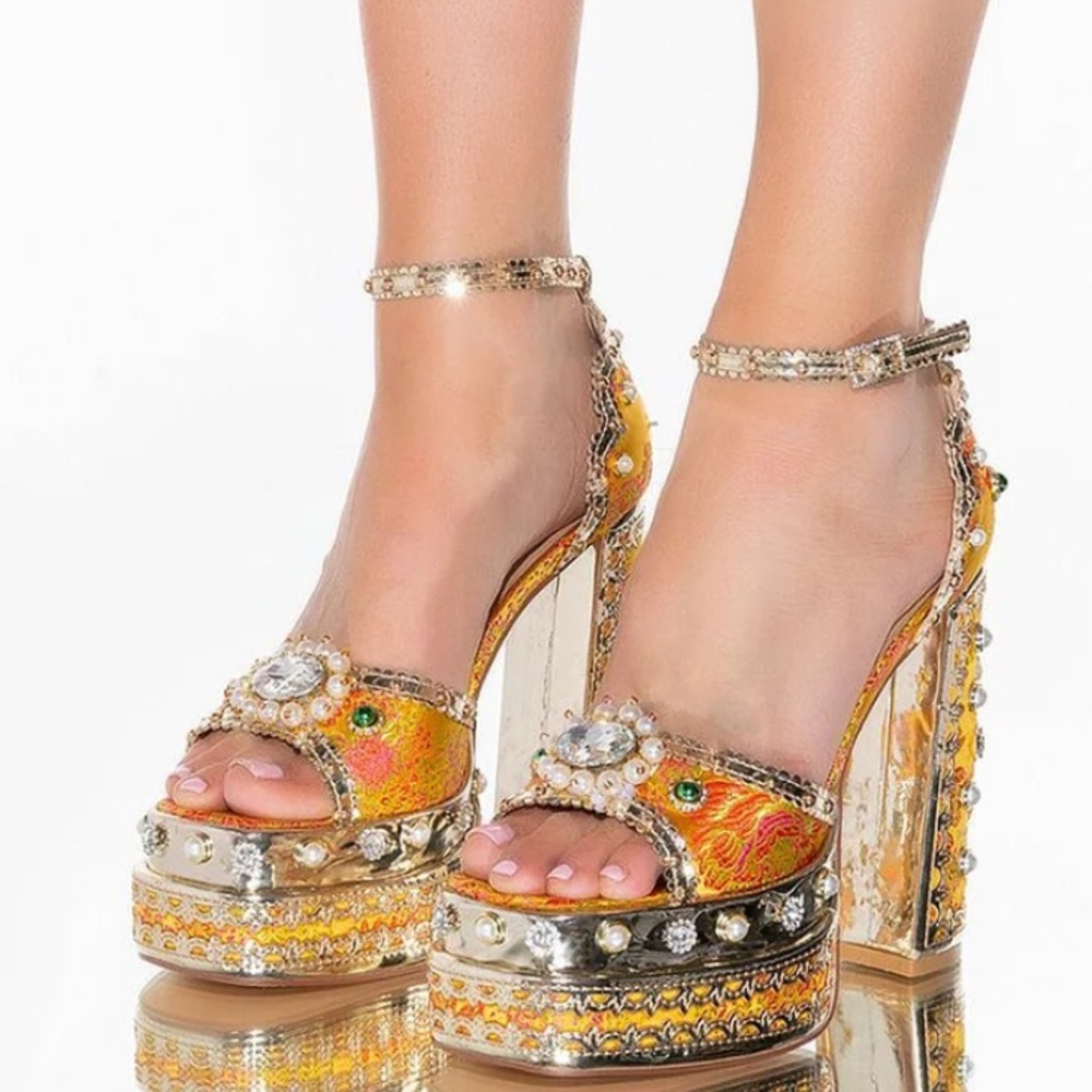 Vibrant Gold and Orange Embellished Women's Heels( come in original box)